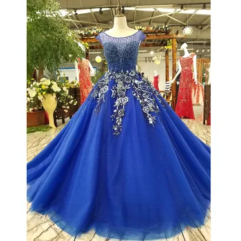 

BGW HT33024 Blue Evening Dress Cap Sleeve O-neck Lace Up Back Lace Flowers Dress For Mothers Of Brides Cheap Price Quick Ship