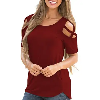 

Summer Women Cross Strap Cold Shoulder Short Sleeve T-Shirt Solid Color Top