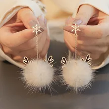 

Korean Fashion Cute Snowflake Antler Xmas Fluffy Hairball Drop Earrings Femme Jewelry Wedding Party Dangle Earrings for women