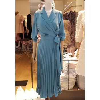 

Elegant Turn Down Collar Belt Midi Dress Women Autumn Long Sleeve A-line Pleated Dress Blue Blazer Dresses