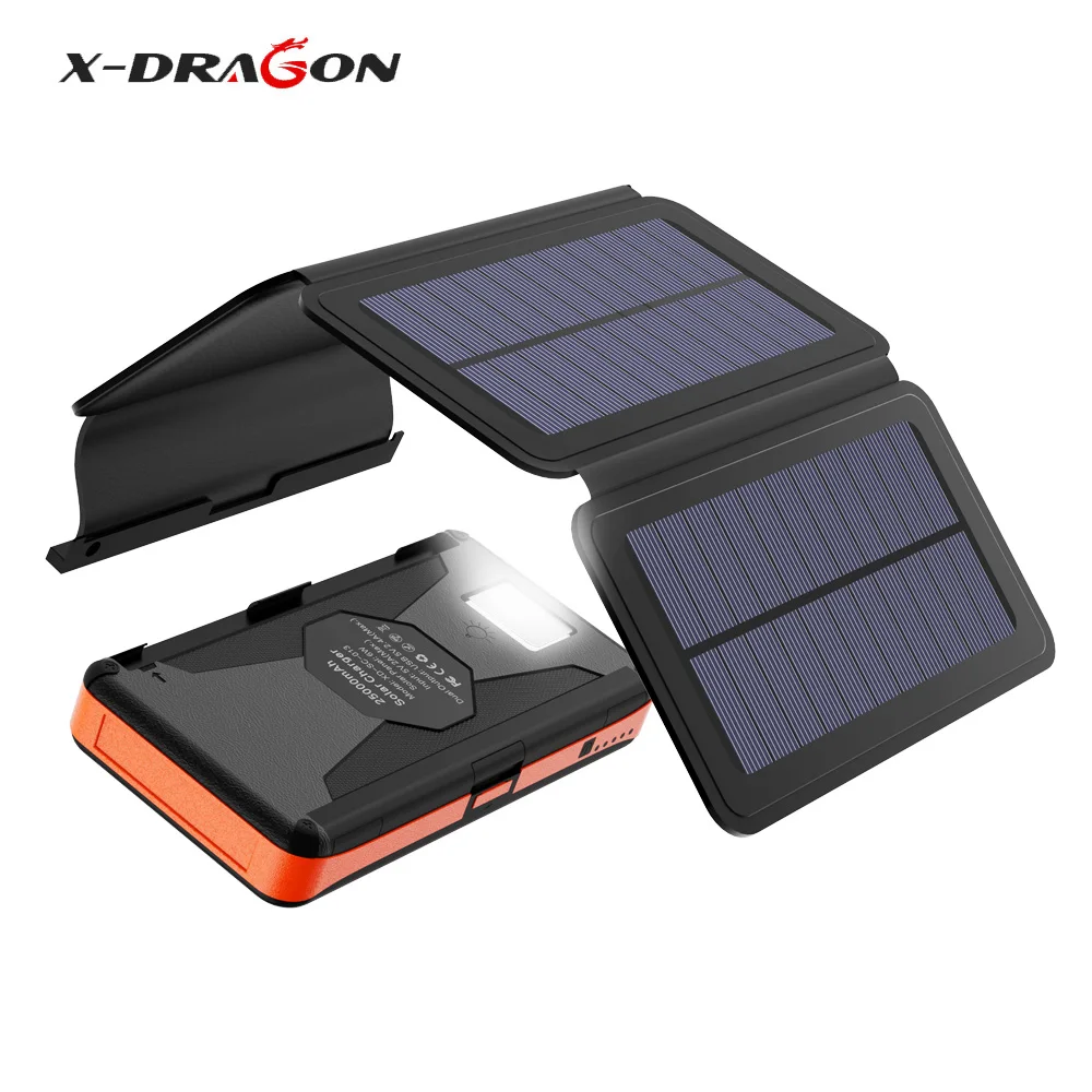 

X-DRAGON 25000mAh Solar Power Bank Dual USB Outputs & Inputs with 4 Solar Panels LED Flashlight External Battery for Smartphone