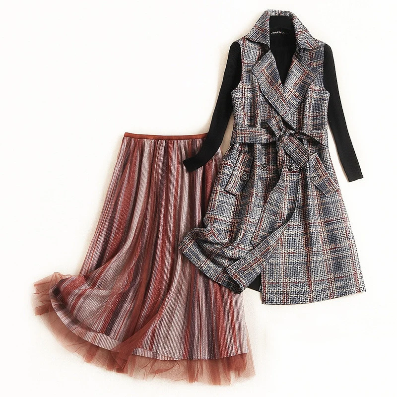 

VERDEJULIAY Runway Autumn Winter Women Sets 2020 Fashion Black Knitted Seater+Plaid Belt Vest+Mesh Mid-Calf Skirt Elegant Set
