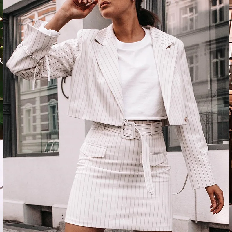 

Yesexy 2020 Autumn Winter Stripe Long Sleeve Notched Neck Women Blazer Set Office Lady Women Suit with a Skirt MQ096