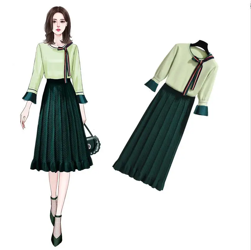  Europe Autumn long sleeve Elegant Clothing Spring 2020 new women French retro Jacket + skirt knitti