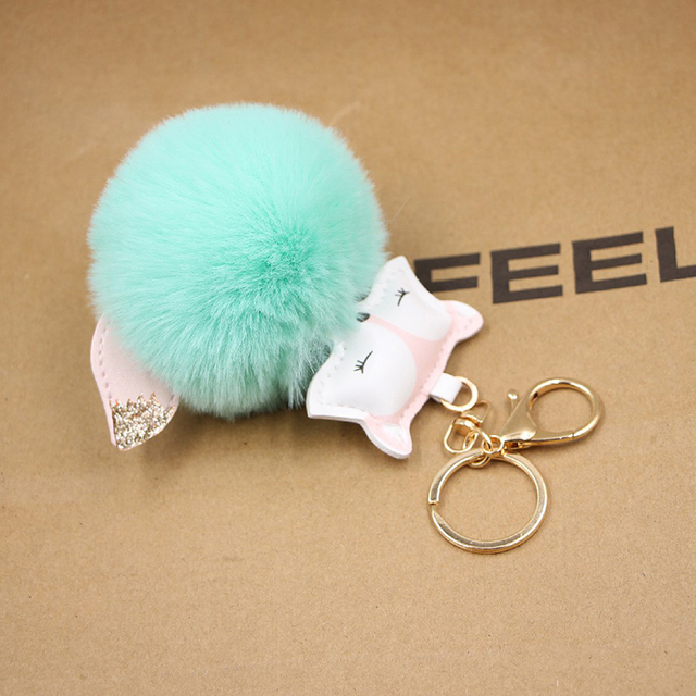 Ball Keychain Charm Key Ring Cute Leather Fox Keyring Plush Fluffy Pompom Faux Rabbit Fur Ball Bag Car Key Charms Accessory