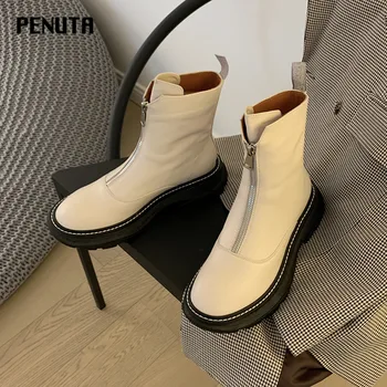 

2020 Beige Platform Boots Women Winter Ankle Booties Genuine Leather Ladies Zipper Up Shoes Thick Bottom Female Shoes New D0119