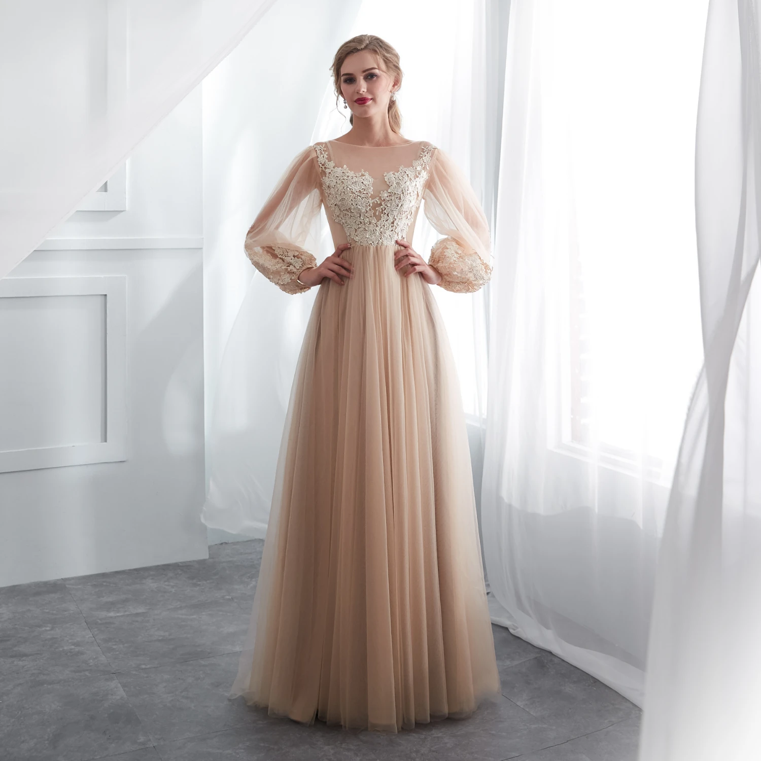 

Prom Dresses Long Puff Sleeves Venice Lace Floor Length Evening Dresses Party Gown Formal Champagne Dress Robe De Soiree