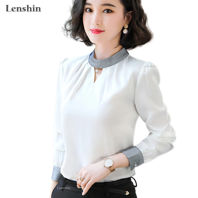Женская кружевная блузка Lenshin элегантная офисная с круглым вырезом и длинным