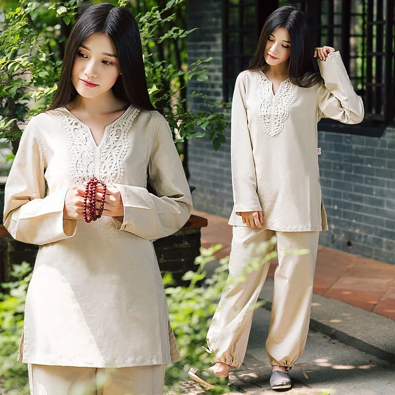 

Spring Women Meditation Tai Chi Uniforms Linen Loose Yoga Sweatshirt+pant Casual Exercise Kungfu Martial Arts Set Activewear
