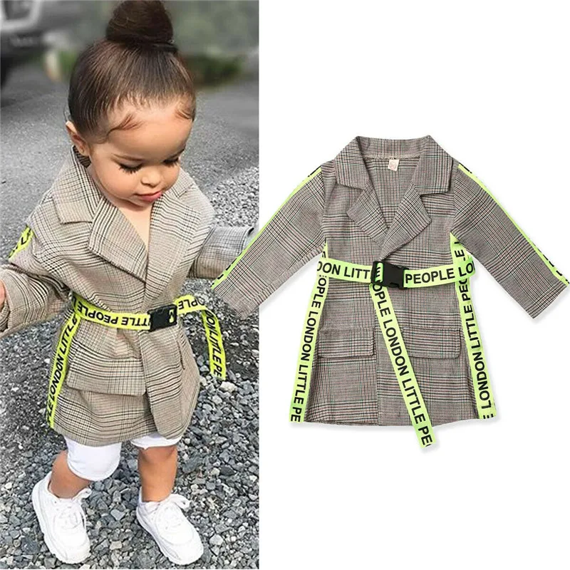 

2020 Fashion Spring Autumn Girls Plaid Fluorescent Belt Jackets Coat Kids Blazer for Girls Wedding Long Sleeve Jacket Outwear