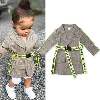 

2020 Fashion Spring Autumn Girls Plaid Fluorescent Belt Jackets Coat Kids Blazer for Girls Wedding Long Sleeve Jacket Outwear
