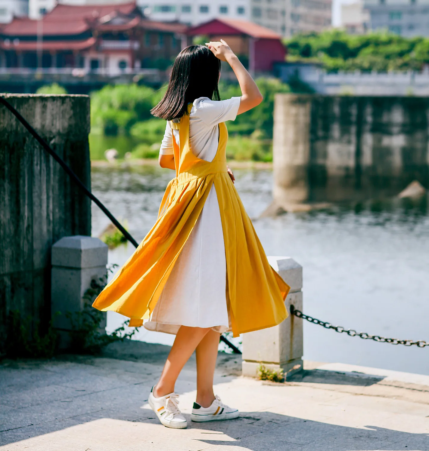 vestido plissado de algodão puro com gola em avental japonês para pintura de trabalho