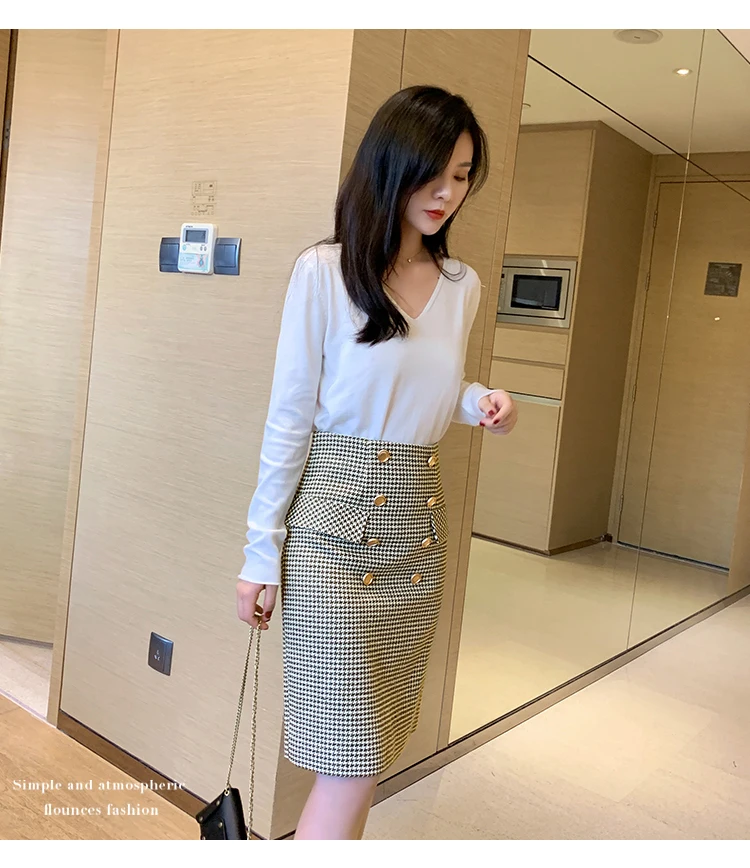 Woolen Double Breasted Skirt Winter Women Vintage Plaid High Waist Femininas Sheath Plaid Skirt