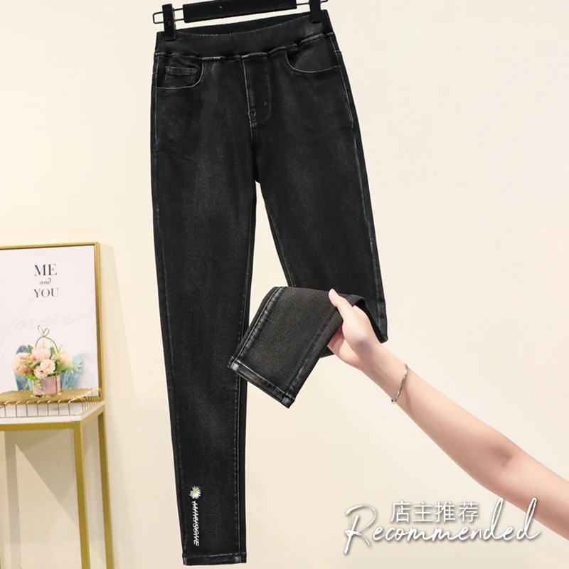 

2020Autumn High Waist Pencil Pants Embroidery Cords Women's Imitation Jeans Plus Size Stretch Denim Trousers Elastic Waist Mujer
