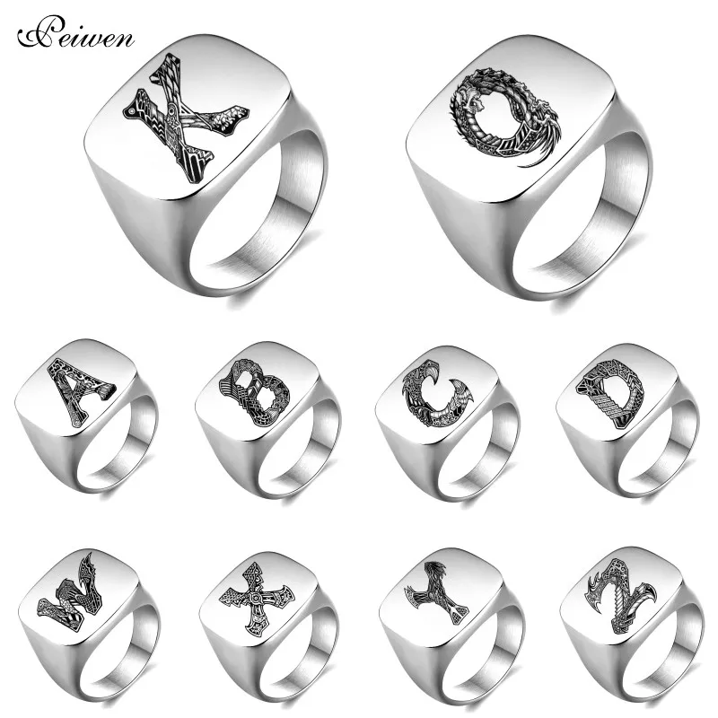 Personalized Initials Letters Signet Ring for Men Party Band Stainless Steel Nameplate Rings Custom Punk Ring Fashion Jewelry personalized custom initials travel storage wedding bridesmaid ring jewelry box organizer earrings holder case display stand box