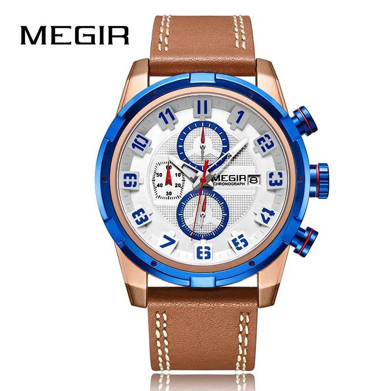 

MEGIR Chronograph Sport Mens Watch Clock Leather Quartz Men Business Wrist Watches Army Military Wristwatches Relogio Masculino