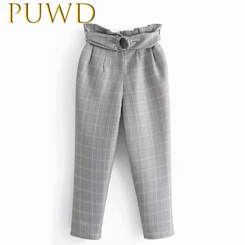 

PUWD 2019 Early spring women's fashionable and versatile flower bud high waist plaid belt pants retro casual pants