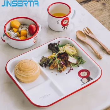 

JINSERTA Cartoon Enamel Baby Kids Bowl Plate Water Milk Cup Tableware Children Dessert Snack Fruit Anti-fall Bowl Desktop Decor