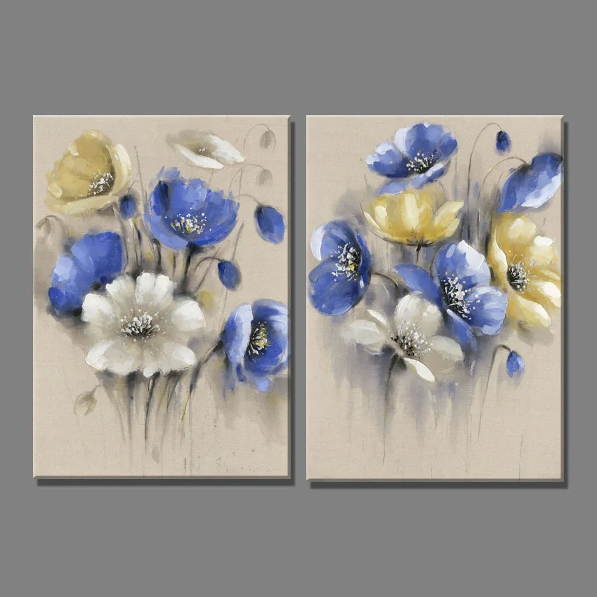 2-Piece-Linen-blue-yellow-flowers-white-flower-oil-painting-Canvas-Art-Paintings-for-living-room