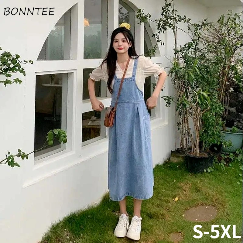 

Sleeveless Dress Women Denim Square Collar Vintage A-line Ins Students Trendy Ulzzang All-match Leisure Pockets Vestido Feminino