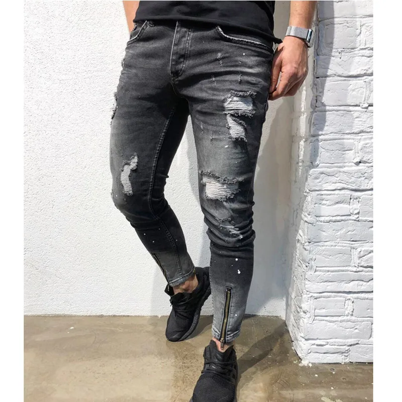 Черный Новые обтягивающие мужские джинсы Уличная рваные Брюки Homme хип хоп сломанный мужской карандаш Байкер вышивка патч брюки - Цвет: Черный