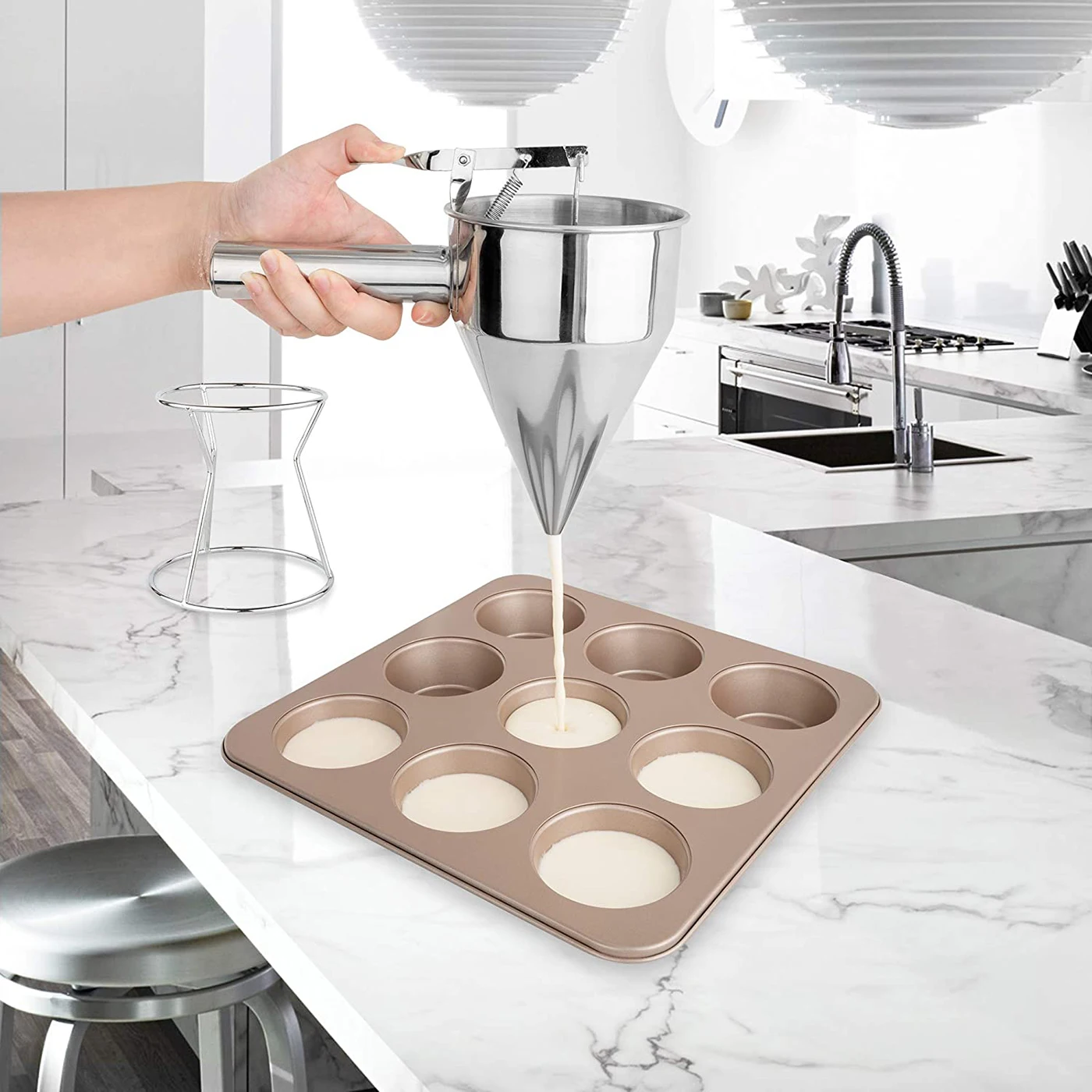 Stainless Steel Pancake Batter Dispenser, Funnel Dispenser With Stand Sauce Cream Dosing For Takoyaki And Baking Kitchen Tools