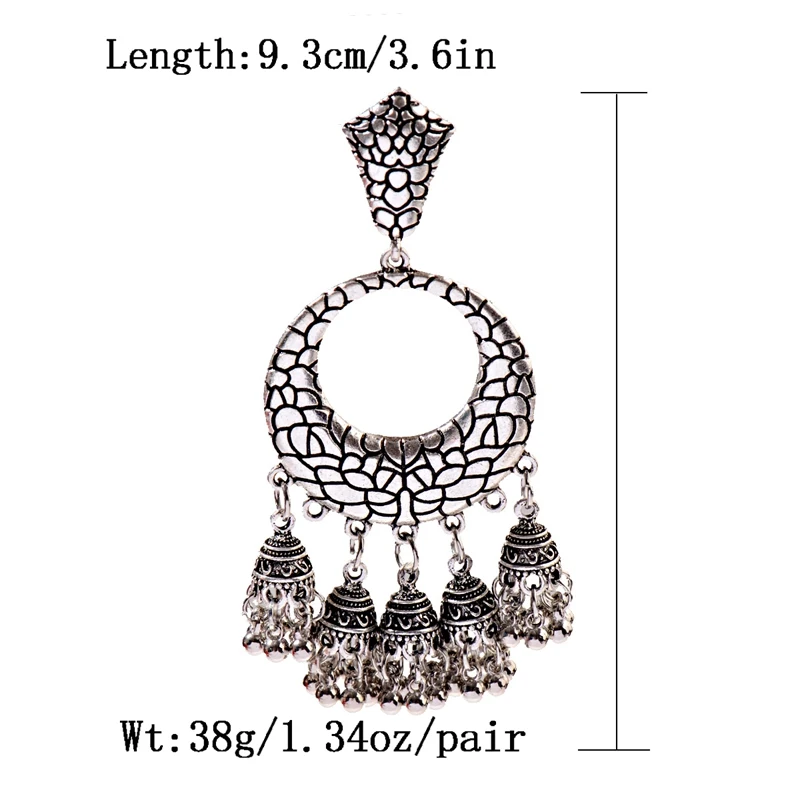 Women's Vintage Ethnic Gypsy Silver Flower Indian Earrings Boho Jewelry Ladies Retro Round Bell Tassel Jhumka Earrings