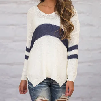 

V Neck Korean Style Women Sweater Striped Knitted Pullover Long Sleeve Casual Women Winter Jumper