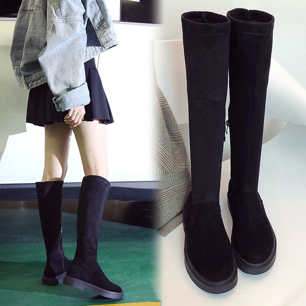 Knight Boots Women Casual Flock Round Head Thick Sole Low Heels Pure Color Knight Boots Riding Equestrian Boots zapatos de mujer