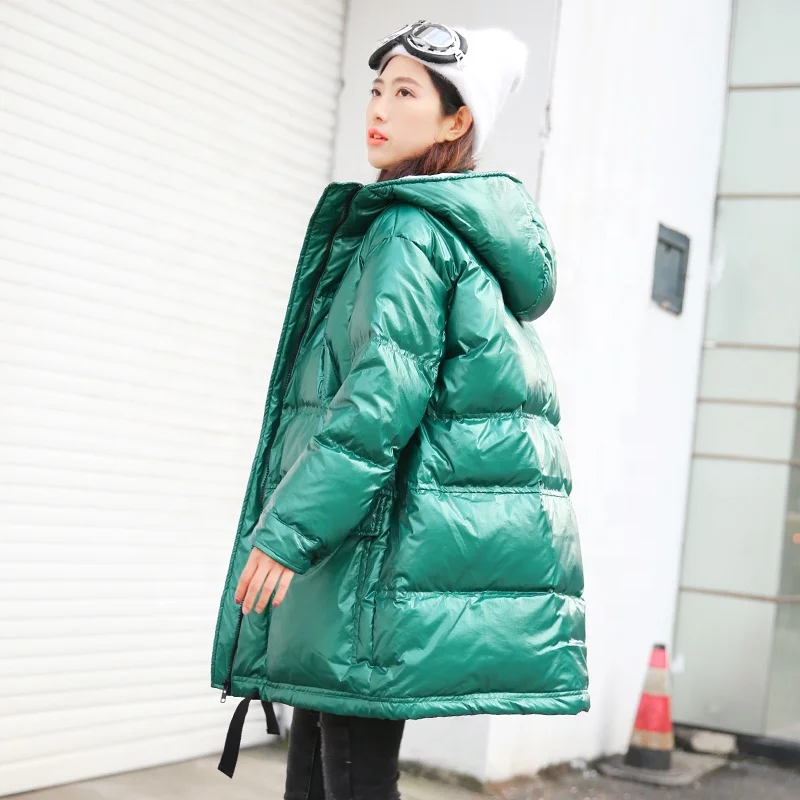 Custom Women Hooded Softshell Shiny Down Coat Waterproof - Цвет: Зеленый