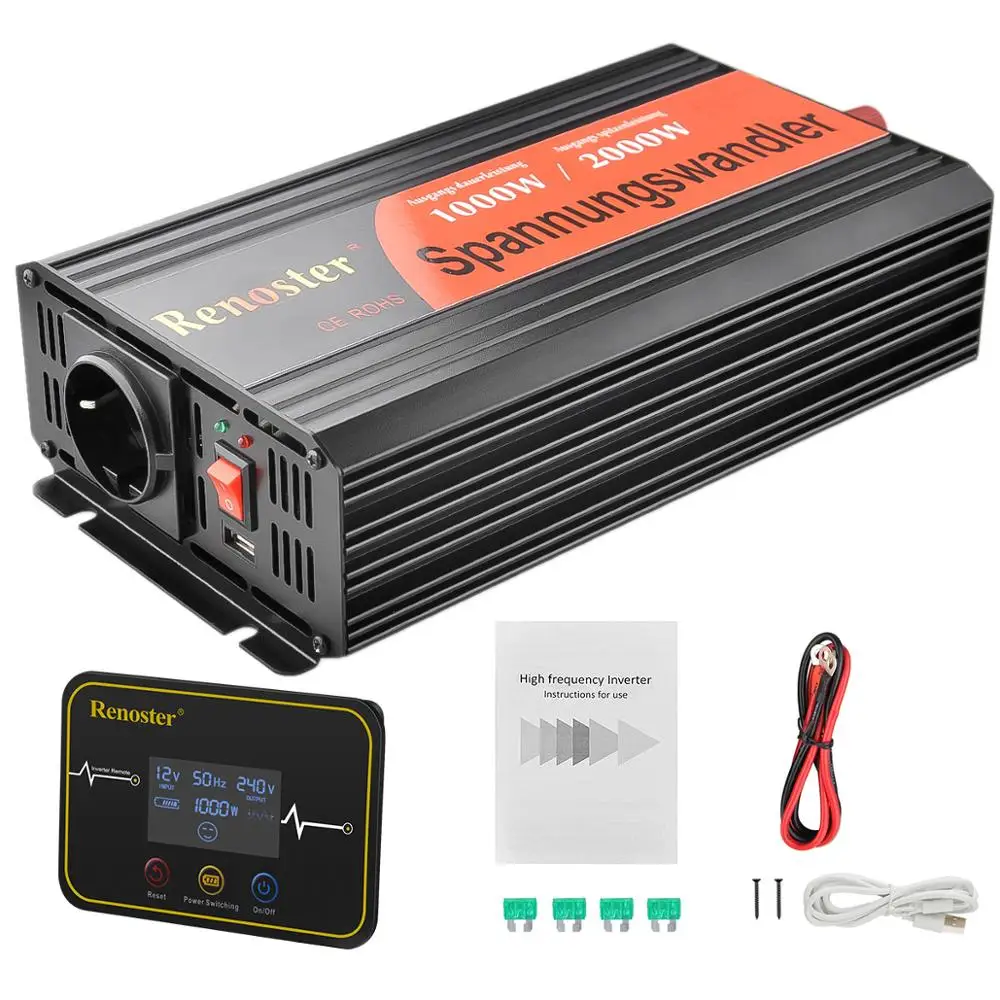 

1000/2000W Solar Inverter Wireless 12V 220V peak pure sine wave power inverter display car Charger converter with Remote control