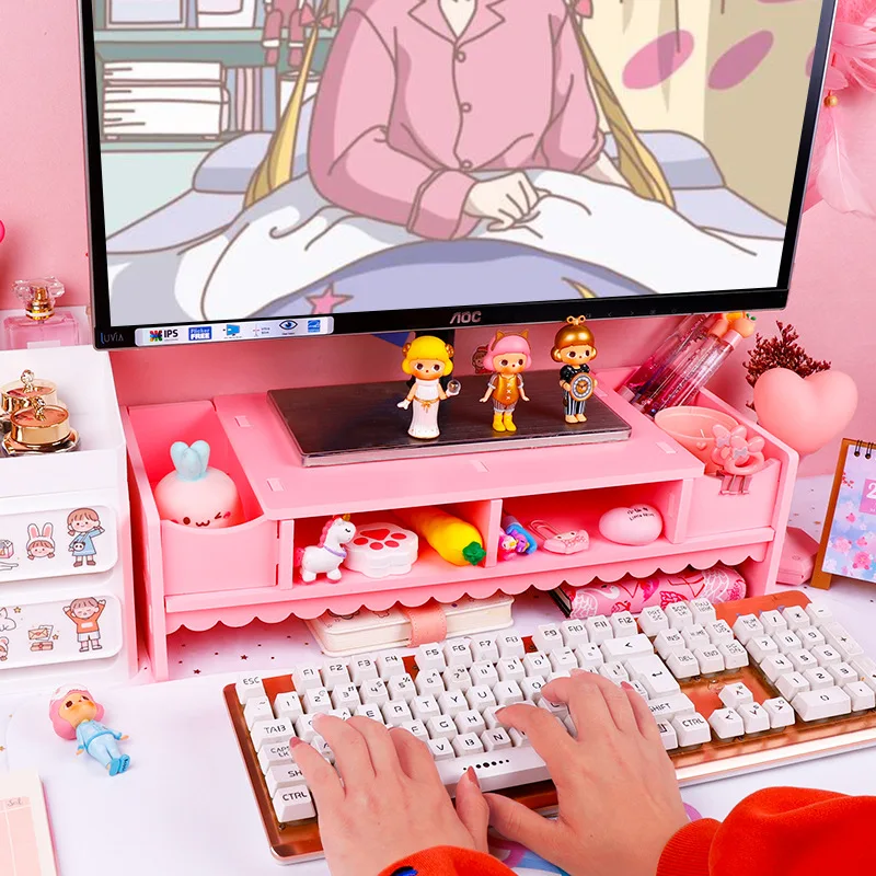 Pink Cute Monitor Stand Desktop Storage Wood Bracket Storage Box Laptop