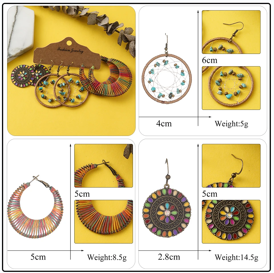 41 Style Silver Rose Gold Color Earrings Ethnic Bohemia Vintage Mixed Styles Long Leaf Big Round Circle Shell Shape Wooden Stones Beads Geometric Bronze Met (30)