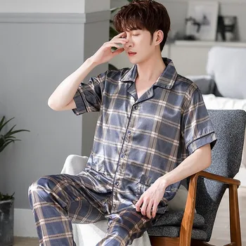 

Big Size 3XL Men Summer Pajamas Sets Satin 2PCS Nightwear Short Sleeve Shirt&Pant Male Pyjamas Suit Casual Loose Home Wear