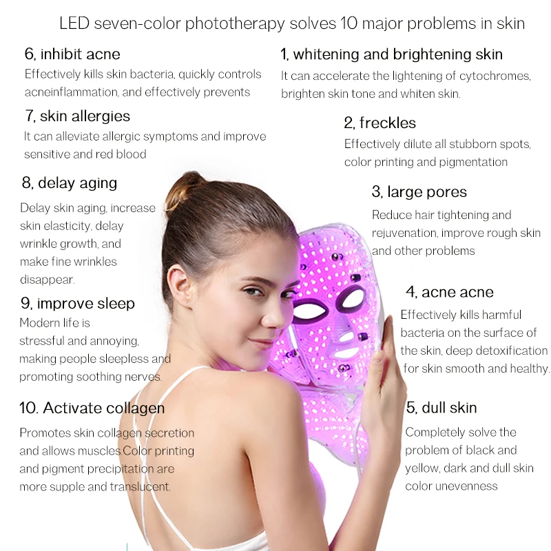 Comprar 7 colores luz LED máscara Facial con cuello rejuvenecimiento de la piel tratamiento cuidado Facial belleza Anti acné terapia blanqueamiento instrumento