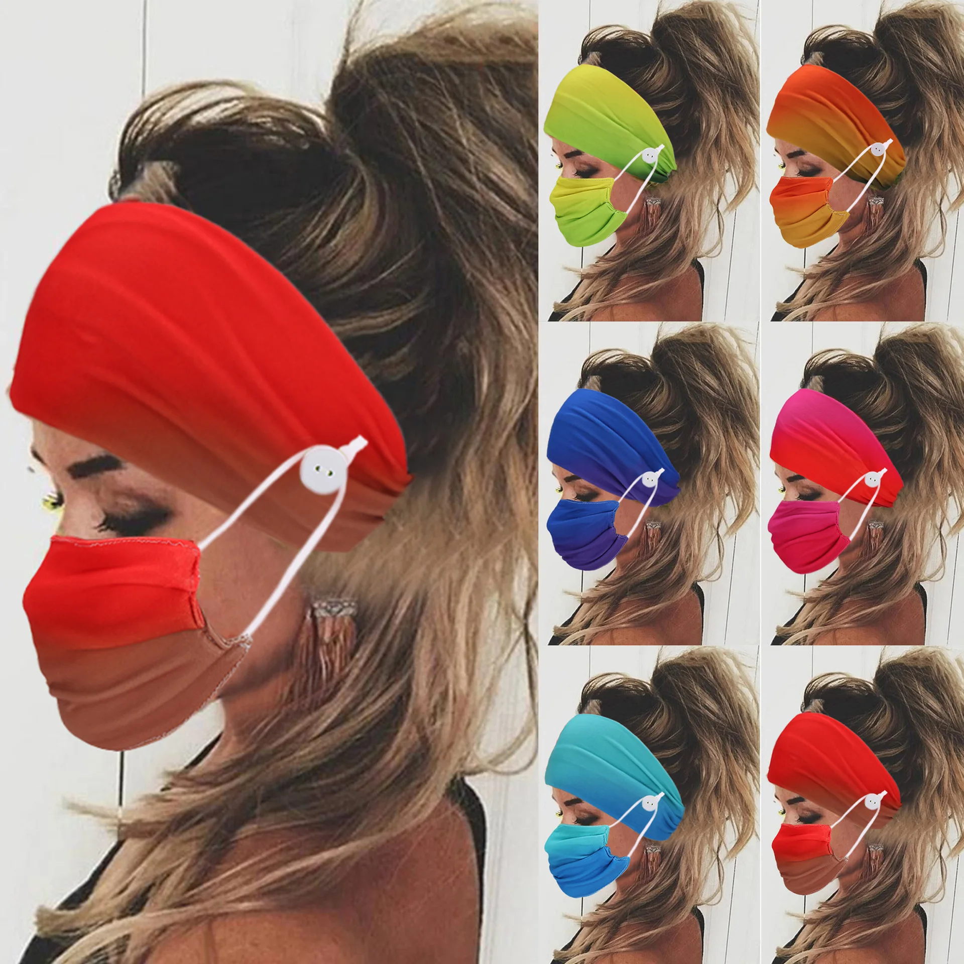 

2 Pcs/ Set Unisex Headband Button Decoration with Face Mask Yoga Sports Elastic Headband Girls Headbands Hijab