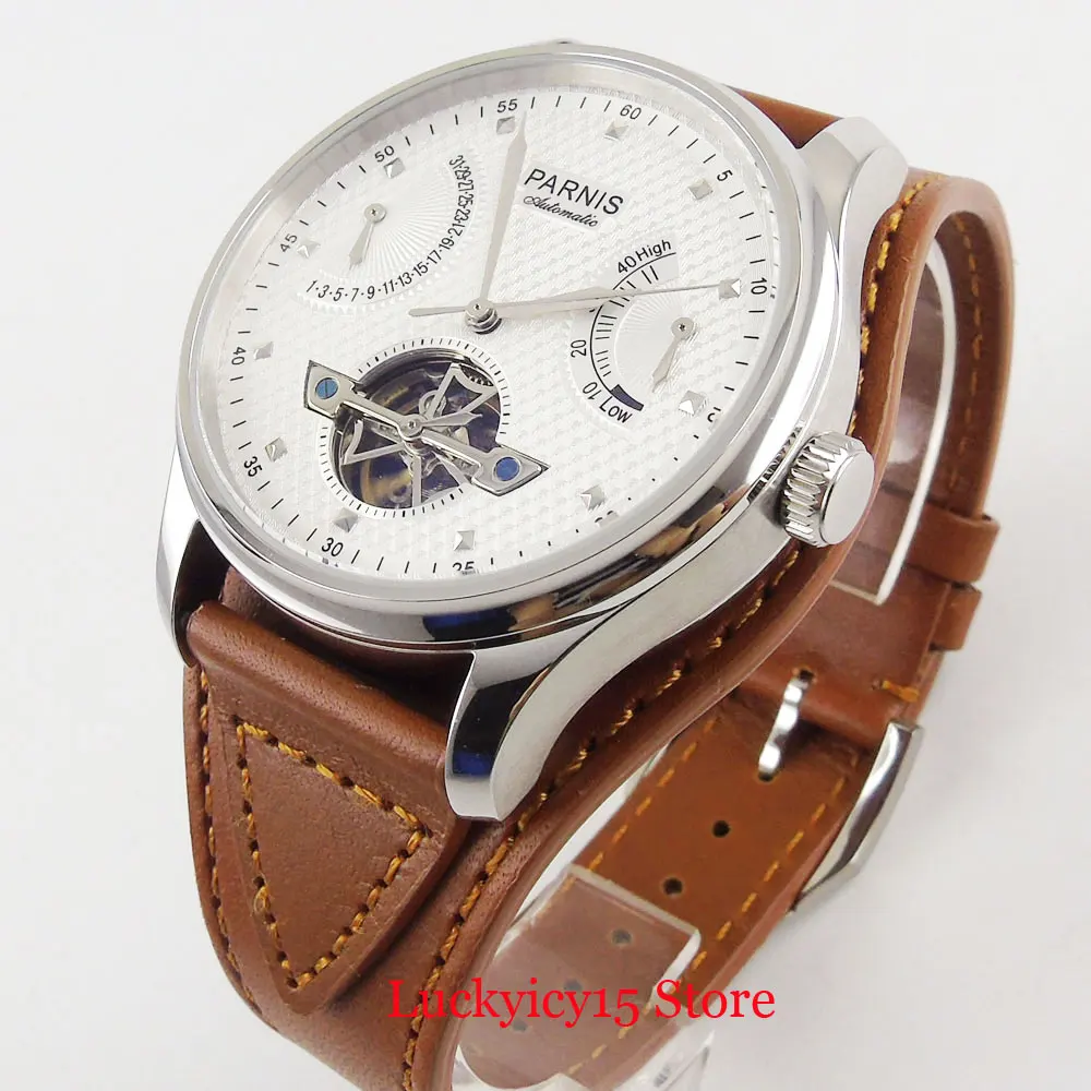 

PARNIS Brand Mechanical Men Wristwatch 43mm Power Reserve Indicator White Hollow Dial ST2505 Movement