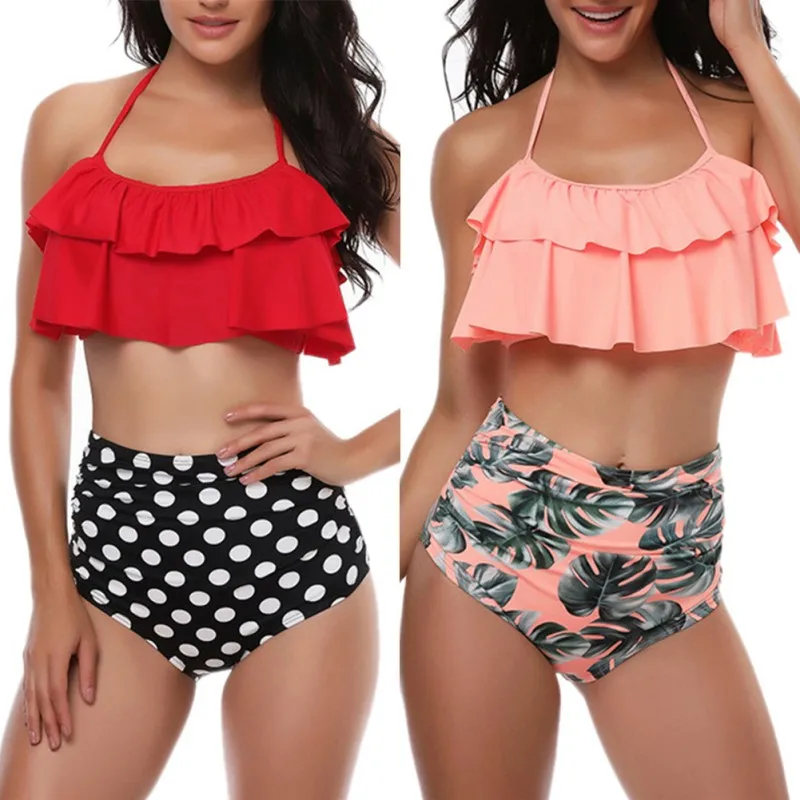 

High Waist Bikini Set Two Piece Women Sexy Ruffle Top Swimwear Bandage Push Up Bathing Swimsuit
