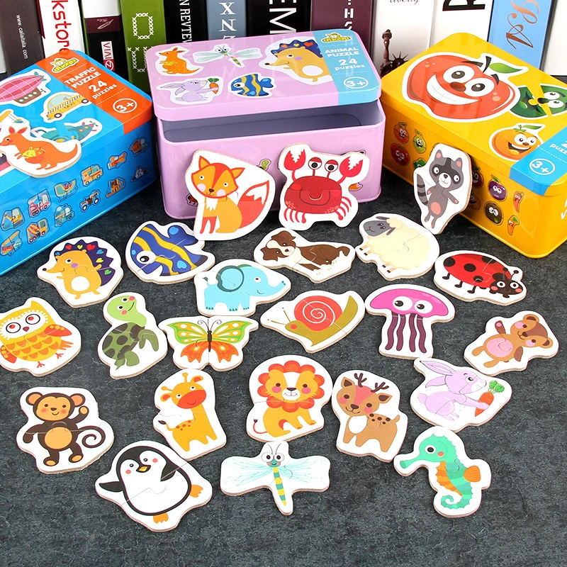

Baby Matching Puzzle Simple Puzzle Early Learning Toys 1-3 Years old Baby Toy Children's Wooden Puzzle Iron Box Packaging
