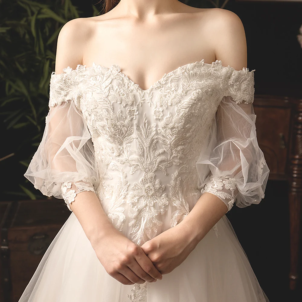 2019 Свадебные платья Boho Vestido De Casamento, с вырезом лодочкой, с короткими рукавами, на шнуровке, с аппликацией из бисера, вуаль, свадебные платья