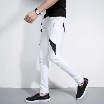 

Personality Mens Punk Style Fashion Zipper Slim Fit Pencil Pants Full Length Leather Patchwork Korean Male Trousers Streetwear
