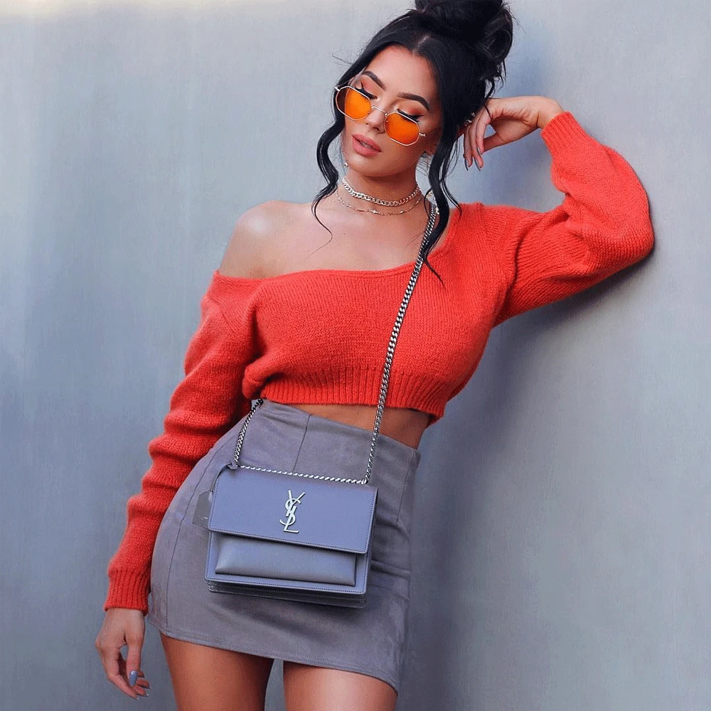 2020 Autumn Winter Pullover Sweaters Long Sleeve Solid Sexy Crop Tops Fashion Slash Neck Knitted Sweaters Female JKP3732