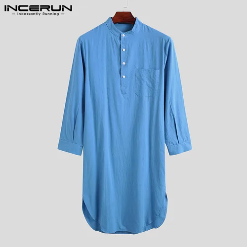 INCERUN-면소재 남성 수면 가운, 단색 긴 소매 나이트 가운, O 넥 레저 남성 목욕 가운, 편안한 홈웨어, 플러스 사이즈, 2023 5
