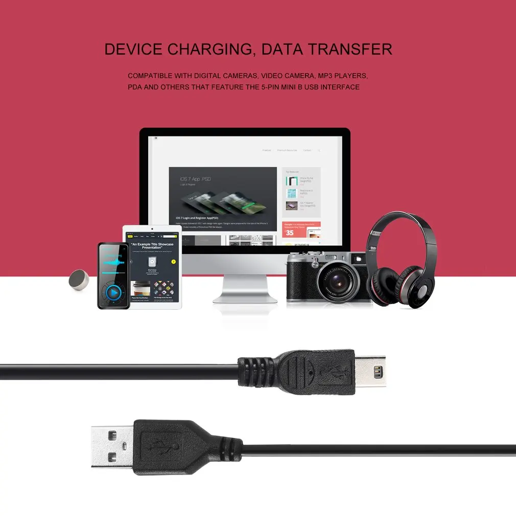 80cm USB 2.0 Male A to Mini B 5-pin Charging Cable For Digital Cameras Hot-swappable USB Data Charger Cable Black