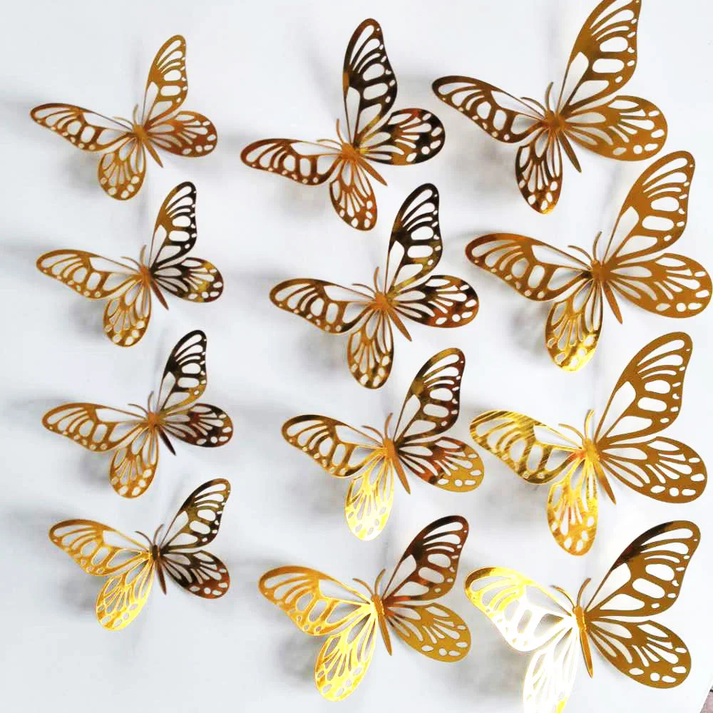 Stickers Wedding-Decor Bedroom Living-Room Gold Butterfly Silver Hollow Wall 3D 12pcs/Set