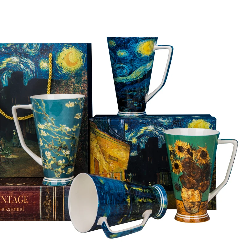 

Best selling ceramic Van Gogh design coffee mug porcelain with gift box & bone china high V coffee mug