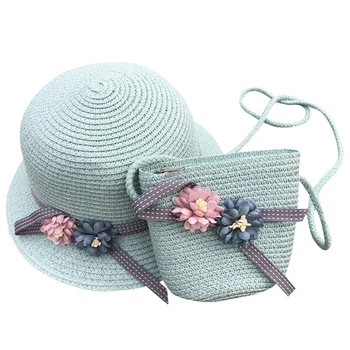 

Straw Hats Girls Kids Sun Hats Summer Beach Hats Straw Woven Pocket Green