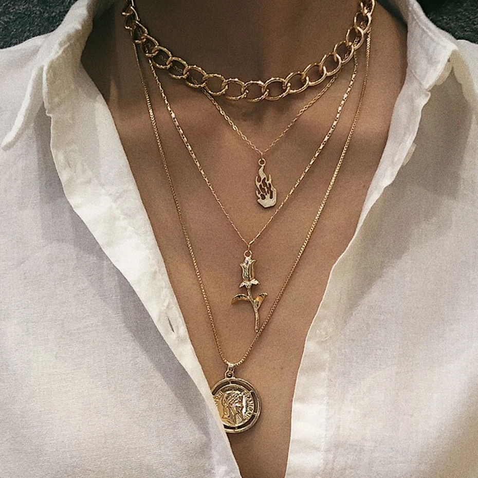 Women's Punk Multi Layer Curb Cuban Chunky Thick Portrait Choker Necklace Women Vintage Carved Coin Pendant Necklace Jewelry