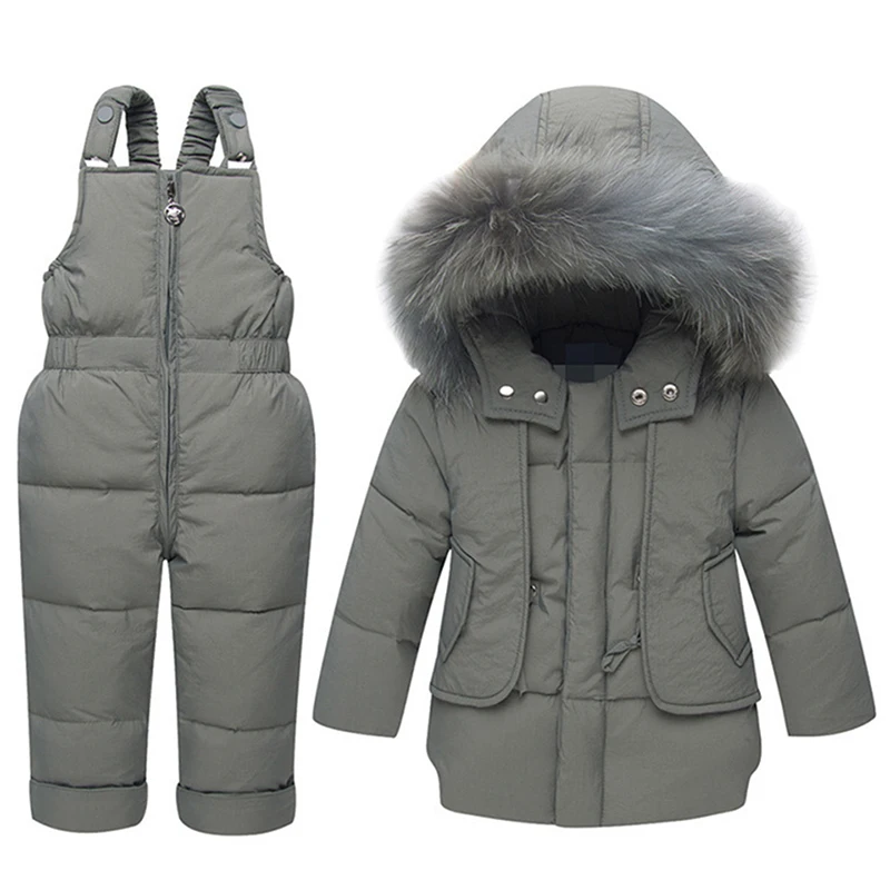 

Children Winter White Duck Down Clothing Sets New Baby Girl Overalls Ski Snow Suit for Boys Kids Nature Fur Jacket+ Pants