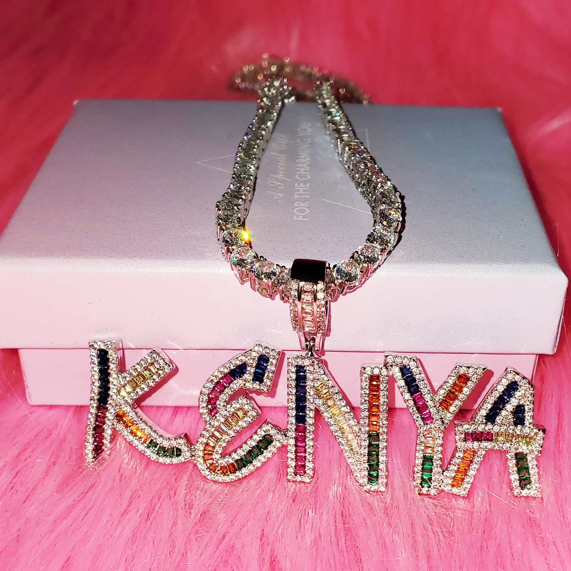 Custom Name Colorful Icy Letters Pendants Necklaces Women's Nameplate With Tennis Chain Personalized Birthday Gifts for Her